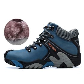 High quality Men's Hiking Shoes Outdoor High top Hunting Boots Men Genuine Leather Comfortable Trekking Boots (Color: Blue -A2027 Fur, size: 39)